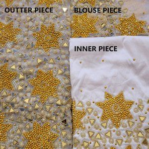 White Net & Taffeta George Wrapper with Gold Rhinestone 3 Piece, 6 Yards Total